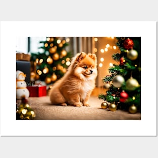 Christmas Pomeranian Puppy Dog Posters and Art